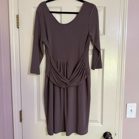 Clara Sun Woo Women's Size Large Faux Wrap 3/4 Sleeve Dress Brown Stretch Fit - Picture 1 of 5